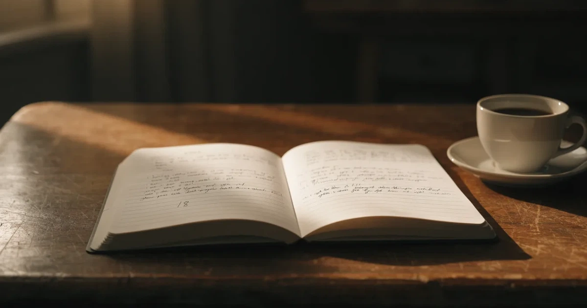 Ein Notizbuch mit handschriftlichen Rechnungen und ein Taschenrechner liegen auf einem Schreibtisch neben einer Tasse Kaffee im Licht des frühen Morgens.