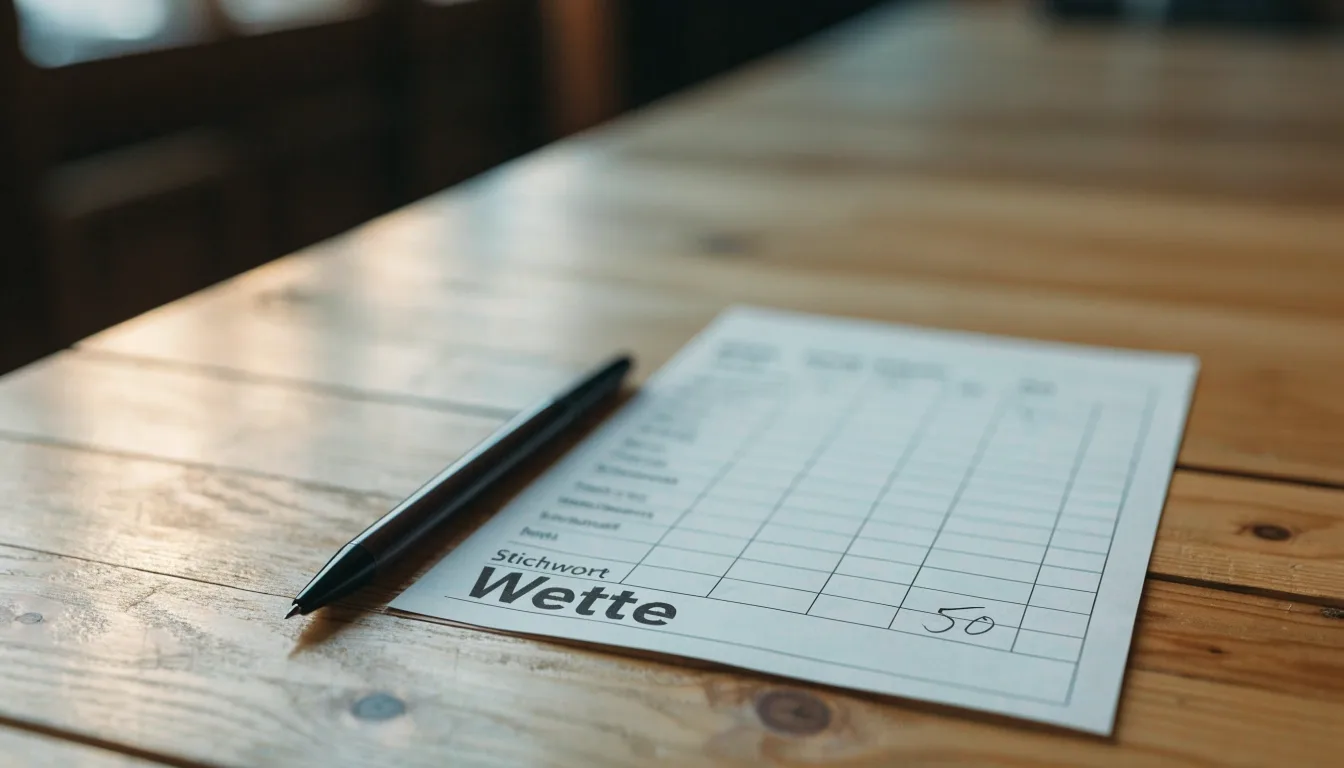 Ein leerer Wettschein aus Papier liegt neben einem Stift auf einer hölzernen Theke, weiches Licht fällt von der Seite ein.