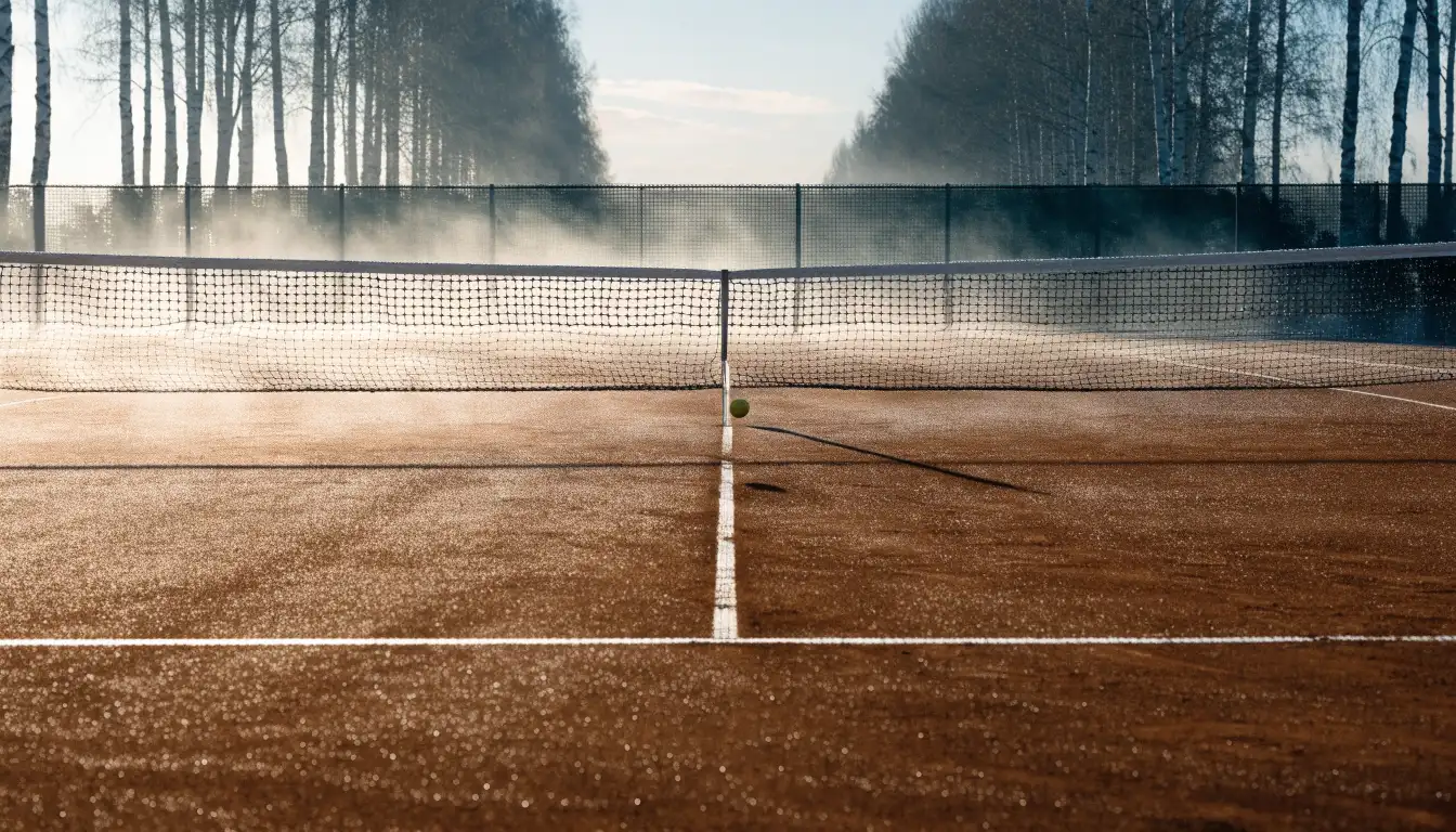 Ein Tennisplatz im Morgengrauen, das Netz und die Linien liegen im Tau, im Hintergrund leichter Nebel und kein Mensch zu sehen.