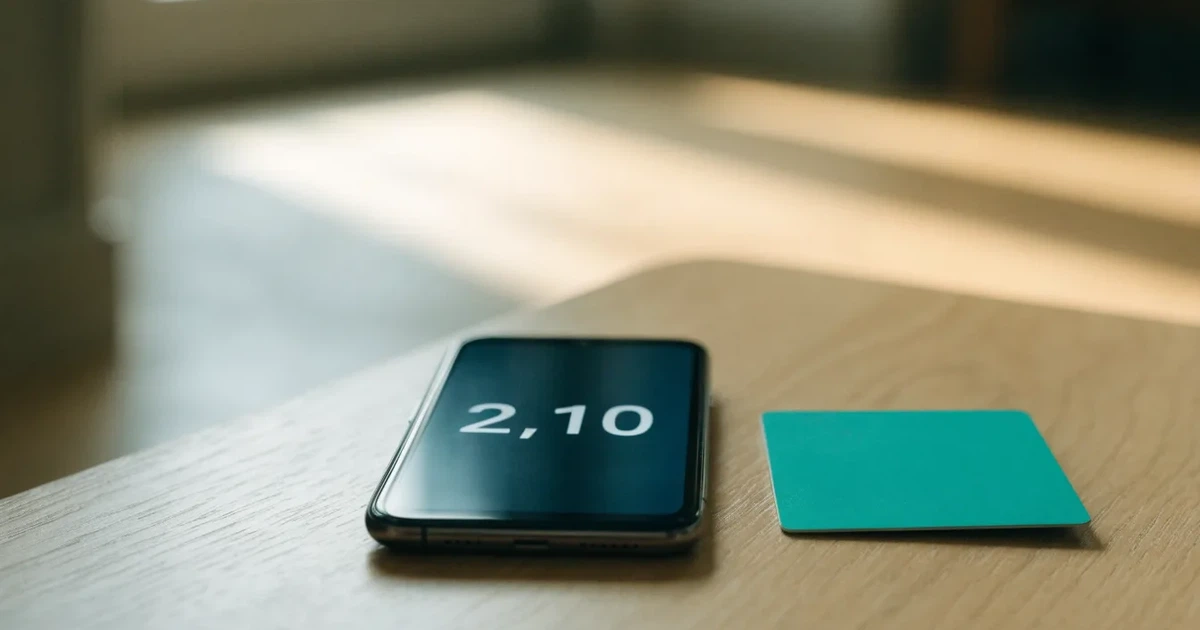 Ein Smartphone mit dunklem Display liegt neben einer schlichten Plastikkarte ohne Aufdruck auf einem hellen Schreibtisch.