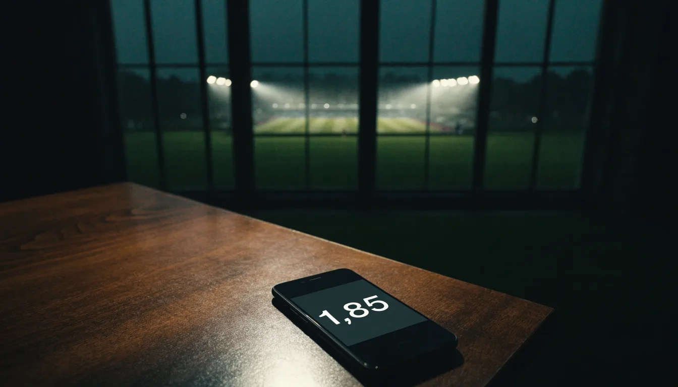 Ein Stadion unter Flutlicht, aus großer Entfernung über eine dunkle Wiese fotografiert, am Himmel zieht Nebel auf.
