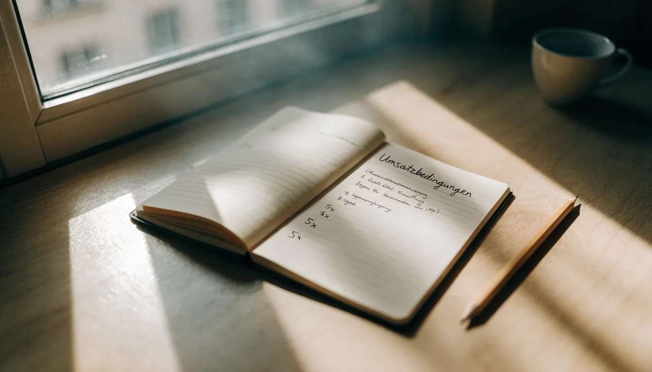 Ein Notizbuch mit handschriftlichen Notizen und ein Bleistift liegen auf einem Schreibtisch am Fenster, draußen fällt Morgenlicht herein.