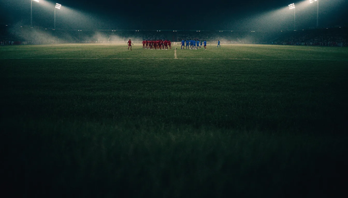 Ein Stadion unter Flutlicht, aus großer Entfernung über eine dunkle Wiese fotografiert, am Himmel zieht Nebel auf.