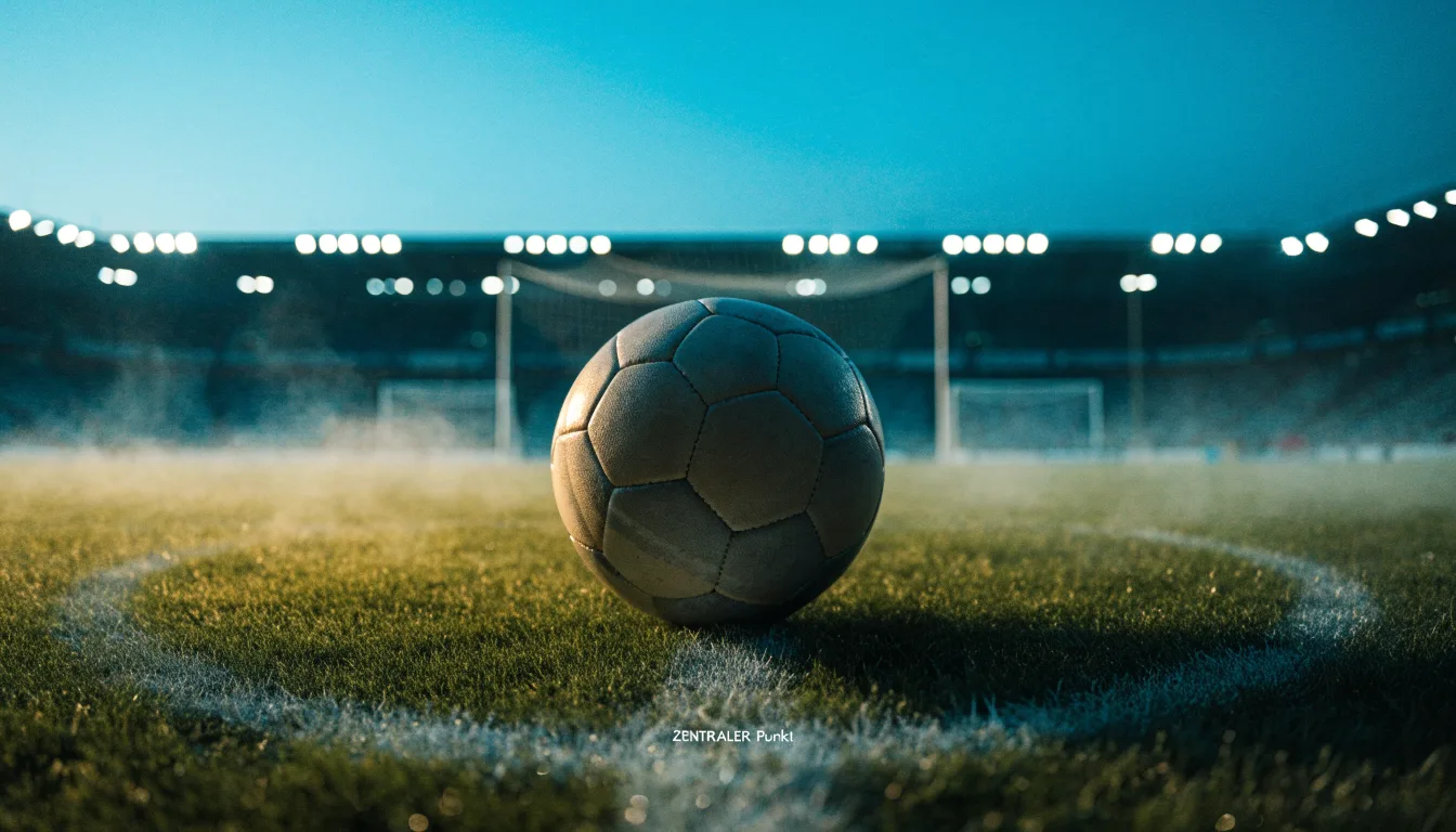 Ein Fußball liegt auf dem Anstoßpunkt eines leeren Rasenplatzes, im Hintergrund steht ein Stadion unter Flutlicht in der Dämmerung.