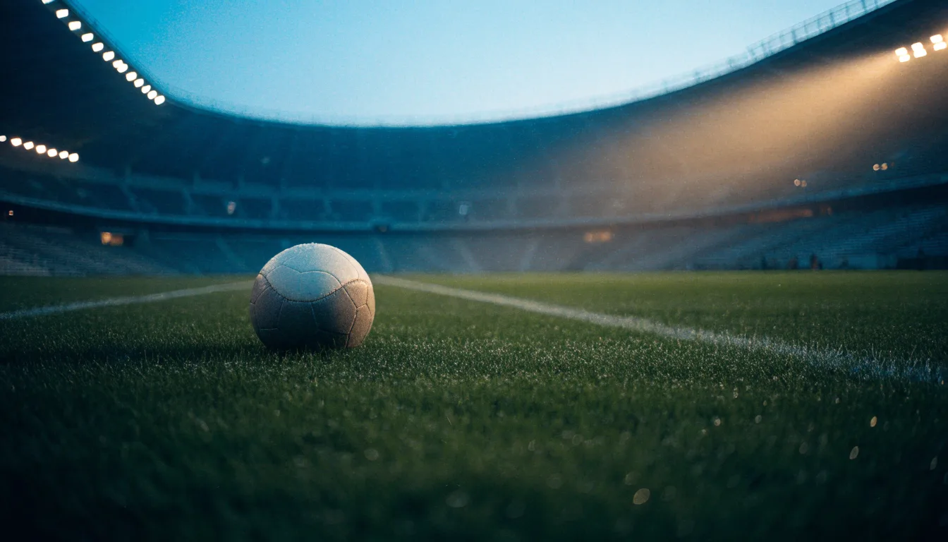 Ein Fußball liegt auf dem Rasen eines leeren Platzes, im Hintergrund ein Stadion unter Flutlicht in der Abenddämmerung.