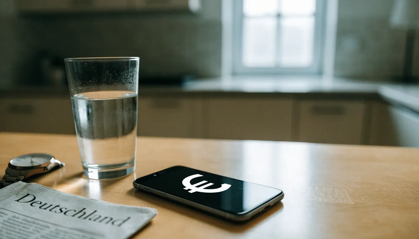 Ein Smartphone liegt mit dem Display nach unten auf einem Küchentisch, daneben stehen ein Glas Wasser und eine Armbanduhr.