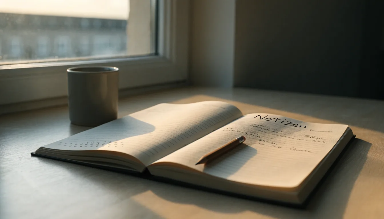 Ein Notizbuch mit handschriftlichen Notizen und ein Bleistift liegen auf einem Schreibtisch am Fenster, draußen fällt Morgenlicht herein.