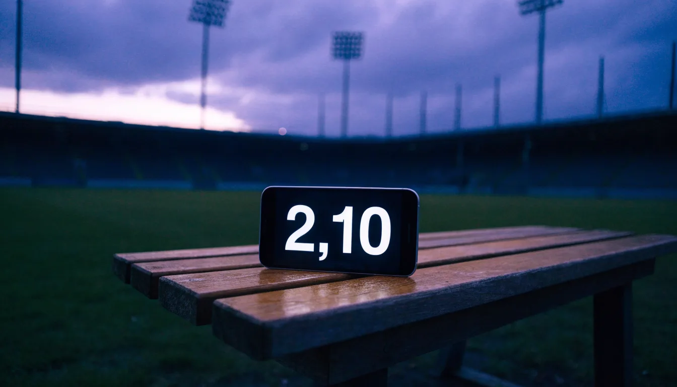 Eine leere Parkbank am Rand eines Fußballfelds in der Abenddämmerung, im Hintergrund ragen dunkle Flutlichtmasten in den Himmel.