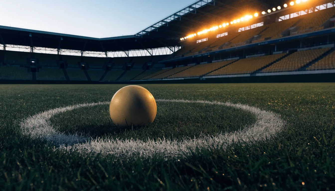 Ein Fußball liegt auf dem Anstoßpunkt eines leeren Rasenplatzes, im Hintergrund steht ein Stadion unter Flutlicht in der Dämmerung.