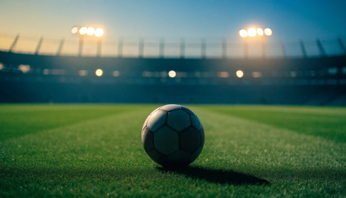 Ein Fußball liegt auf dem Rasen eines leeren Platzes, im Hintergrund ein Stadion unter Flutlicht in der Abenddämmerung.