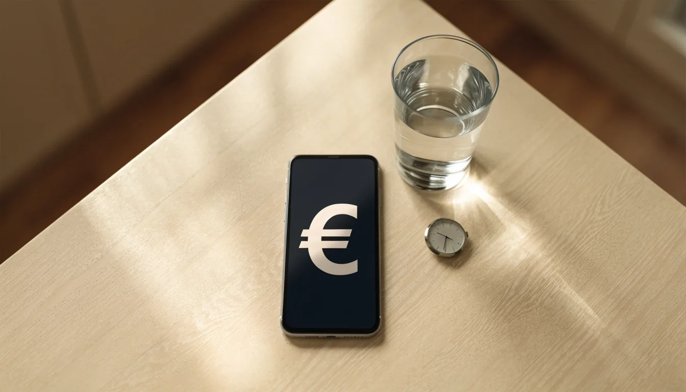 Ein Smartphone liegt mit dem Display nach unten auf einem Küchentisch, daneben stehen ein Glas Wasser und eine Armbanduhr.