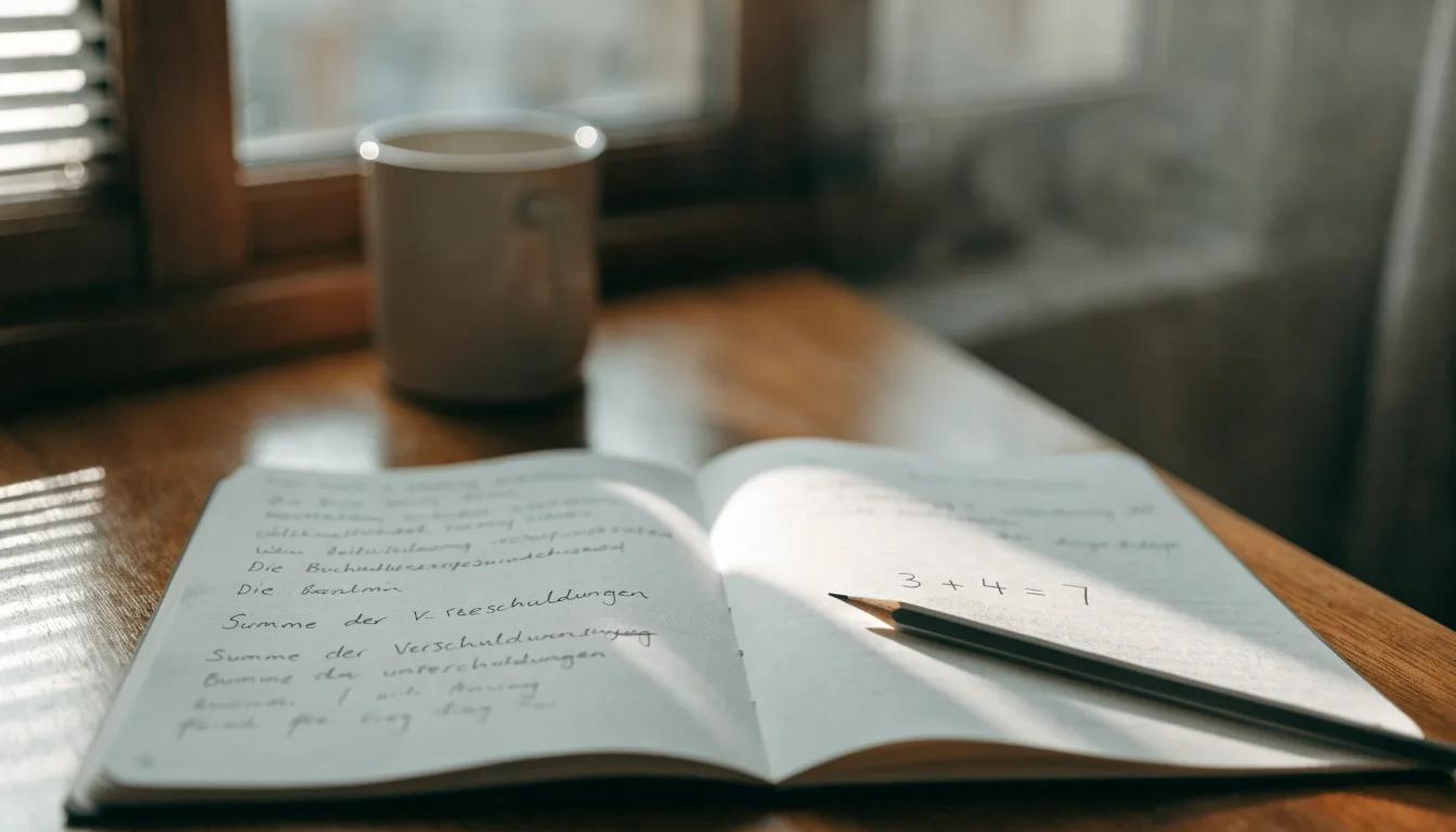 Ein Notizbuch mit handschriftlichen Notizen und ein Bleistift liegen auf einem Schreibtisch am Fenster, draußen fällt Morgenlicht herein.