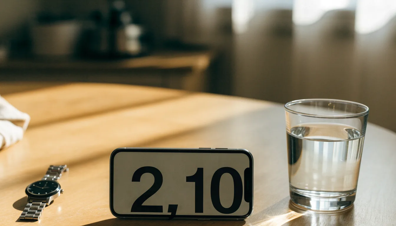 Ein Smartphone liegt mit dem Display nach unten auf einem Küchentisch, daneben stehen ein Glas Wasser und eine Armbanduhr.
