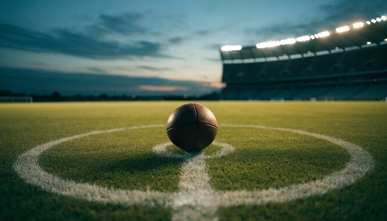 Ein Fußball liegt auf dem Anstoßpunkt eines leeren Rasenplatzes, im Hintergrund steht ein Stadion unter Flutlicht in der Dämmerung.