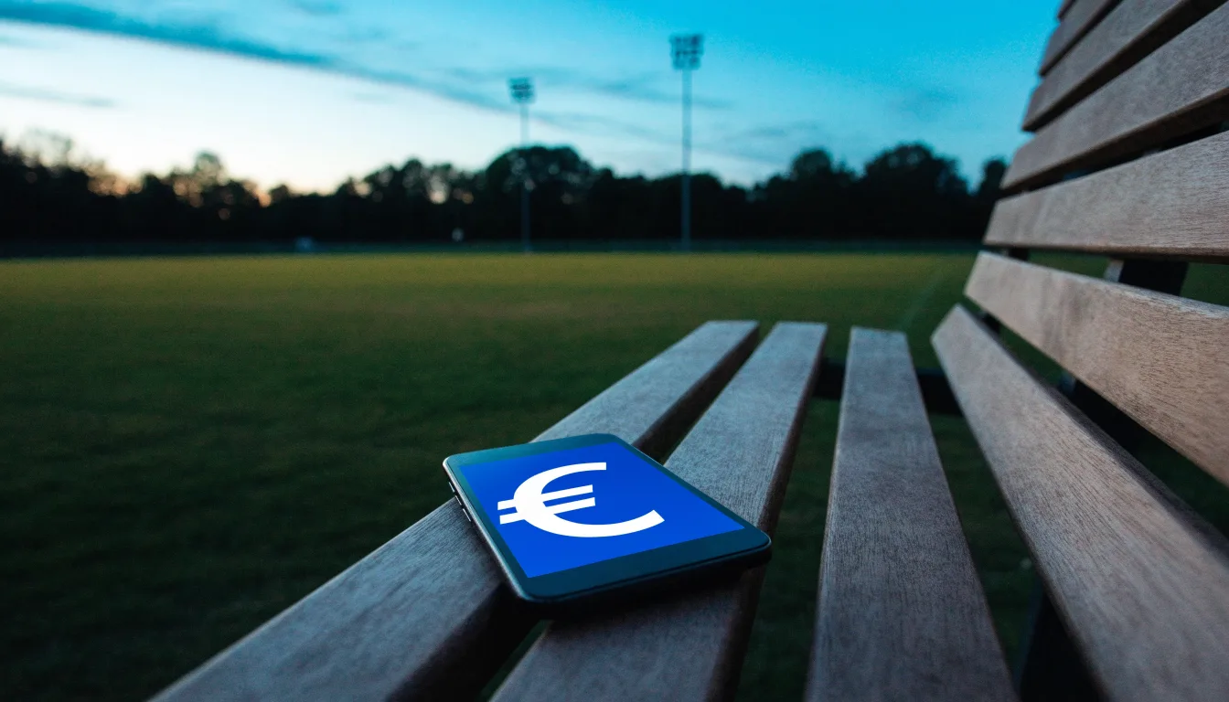 Eine leere Parkbank am Rand eines Fußballfelds in der Abenddämmerung, im Hintergrund ragen dunkle Flutlichtmasten in den Himmel.