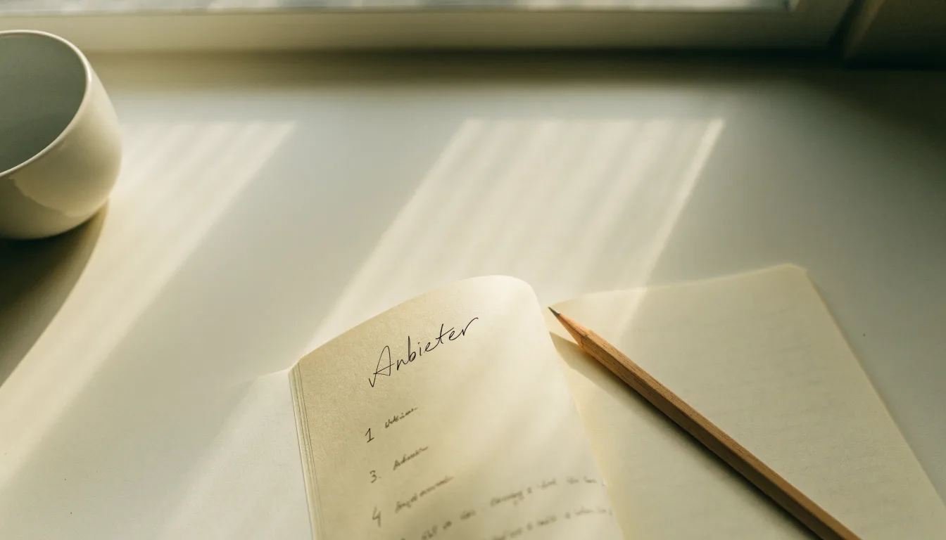Ein Notizbuch mit handschriftlichen Notizen und ein Bleistift liegen auf einem Schreibtisch am Fenster, draußen fällt Morgenlicht herein.