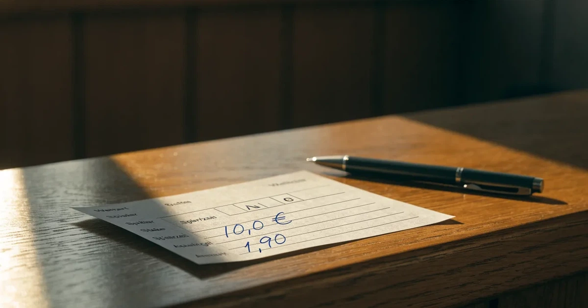 Ein leerer Wettschein aus Papier liegt neben einem Stift auf einer hölzernen Theke, weiches Licht fällt von der Seite ein.