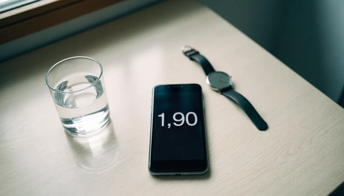Ein Smartphone liegt mit dem Display nach unten auf einem Küchentisch, daneben stehen ein Glas Wasser und eine Armbanduhr.