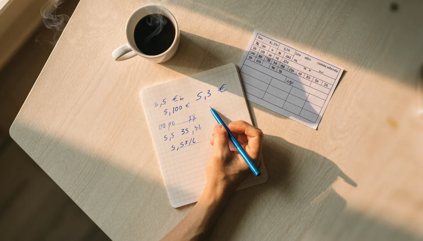 Ein Notizbuch mit handschriftlichen Rechnungen und ein Taschenrechner liegen auf einem Schreibtisch neben einer Tasse Kaffee im Licht des frühen Morgens.