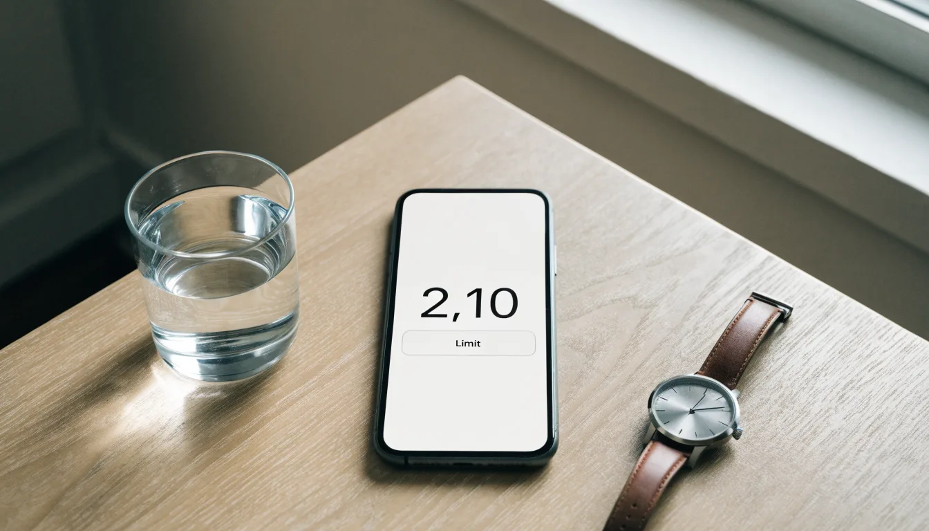 Ein Smartphone liegt mit dem Display nach unten auf einem Küchentisch, daneben stehen ein Glas Wasser und eine Armbanduhr.