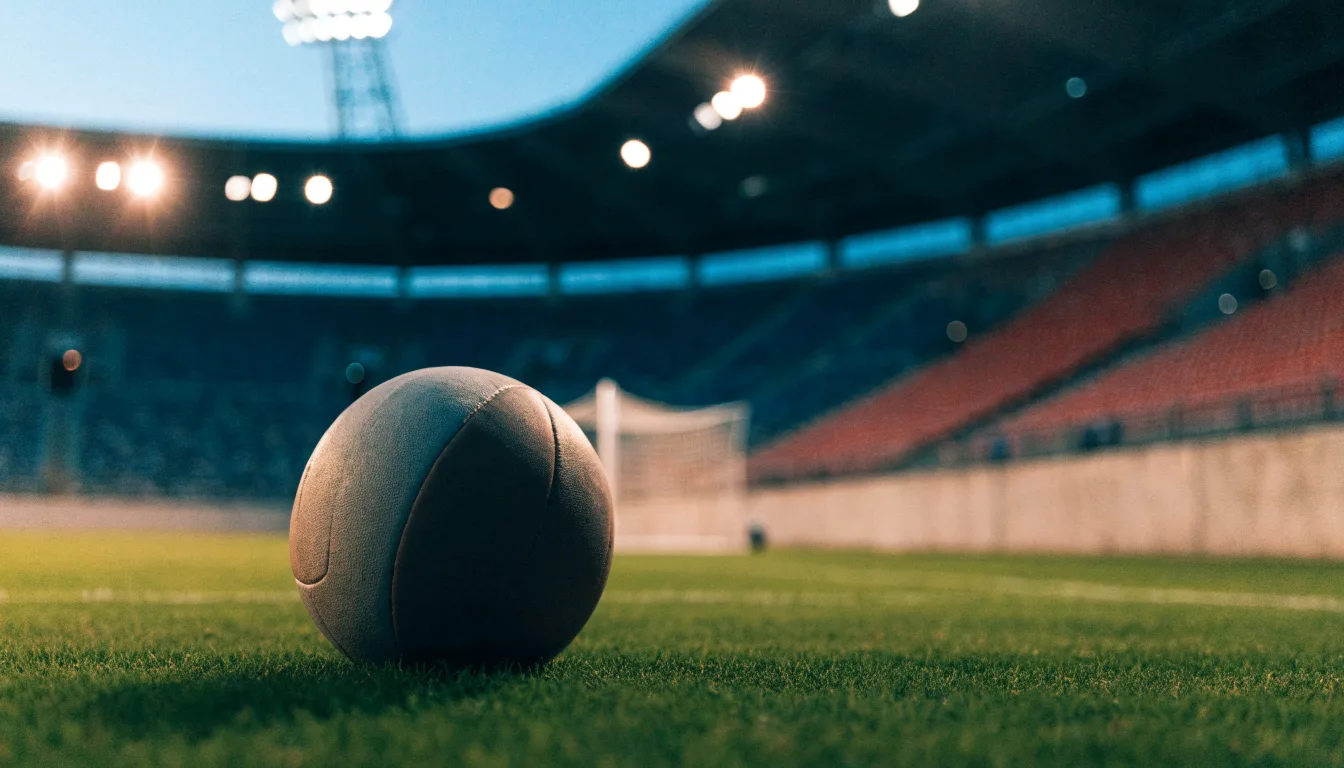 Ein Fußball liegt auf dem Rasen eines leeren Platzes, im Hintergrund ein Stadion unter Flutlicht in der Abenddämmerung.