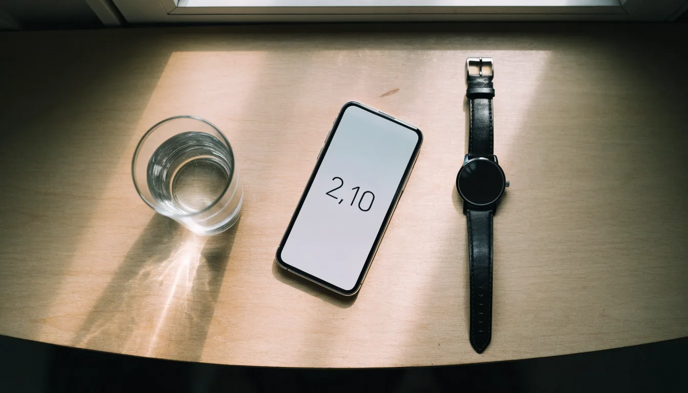 Ein Smartphone liegt mit dem Display nach unten auf einem Küchentisch, daneben stehen ein Glas Wasser und eine Armbanduhr.
