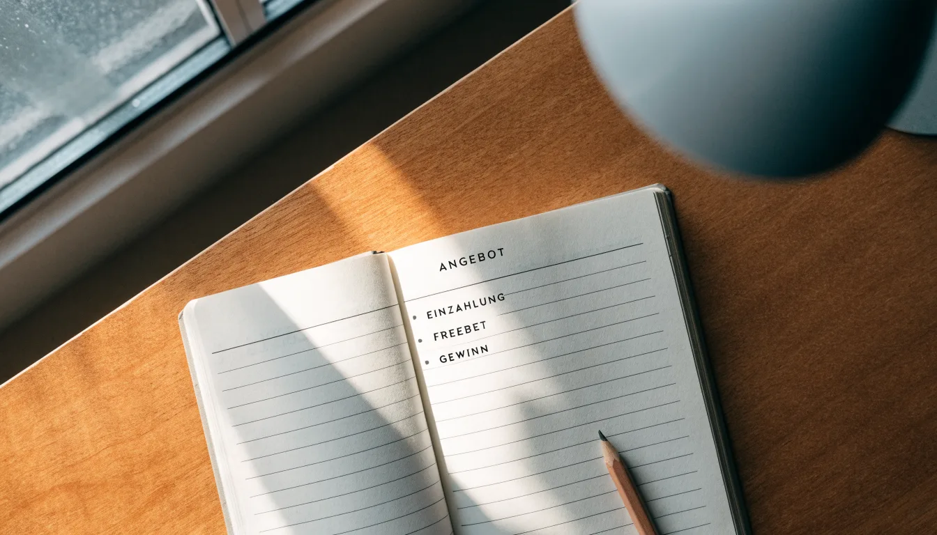 Ein Notizbuch mit handschriftlichen Notizen und ein Bleistift liegen auf einem Schreibtisch am Fenster, draußen fällt Morgenlicht herein.