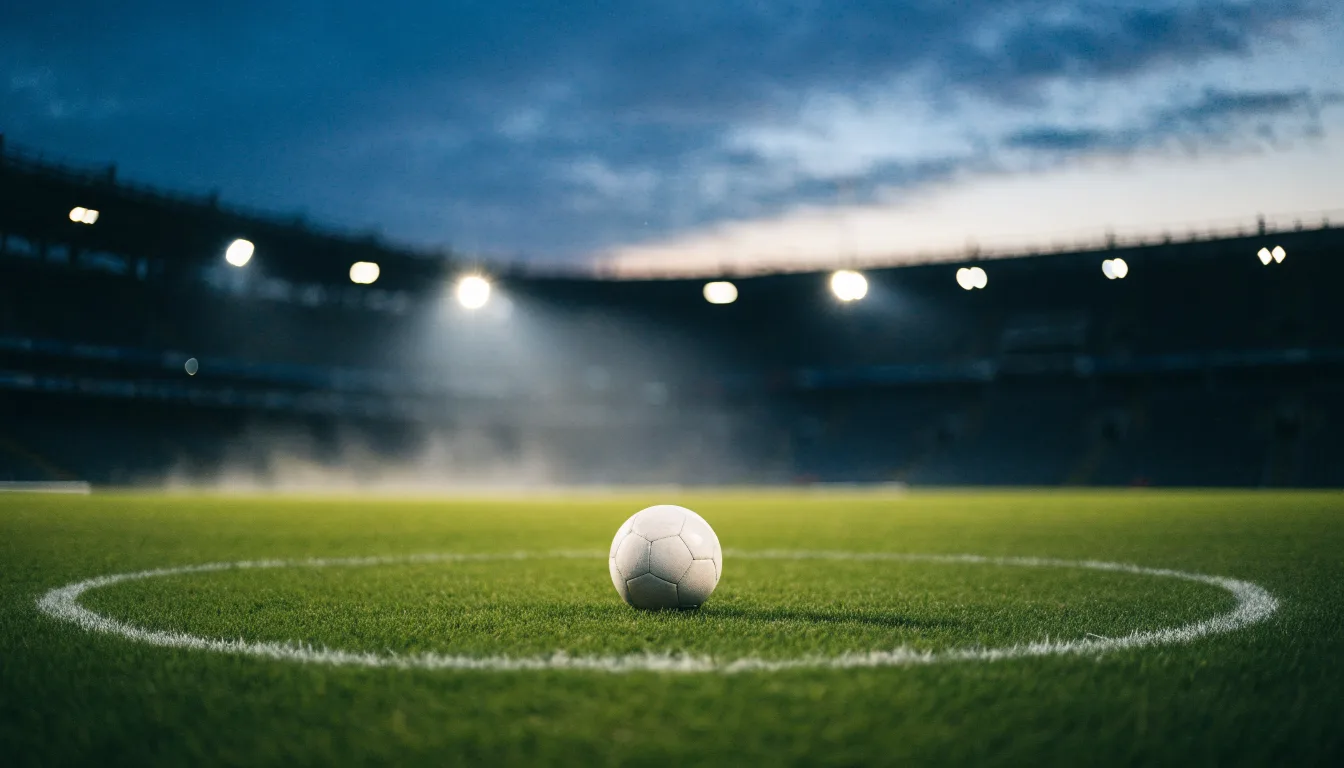 Ein Fußball liegt auf dem Anstoßpunkt eines leeren Rasenplatzes, im Hintergrund steht ein Stadion unter Flutlicht in der Dämmerung.