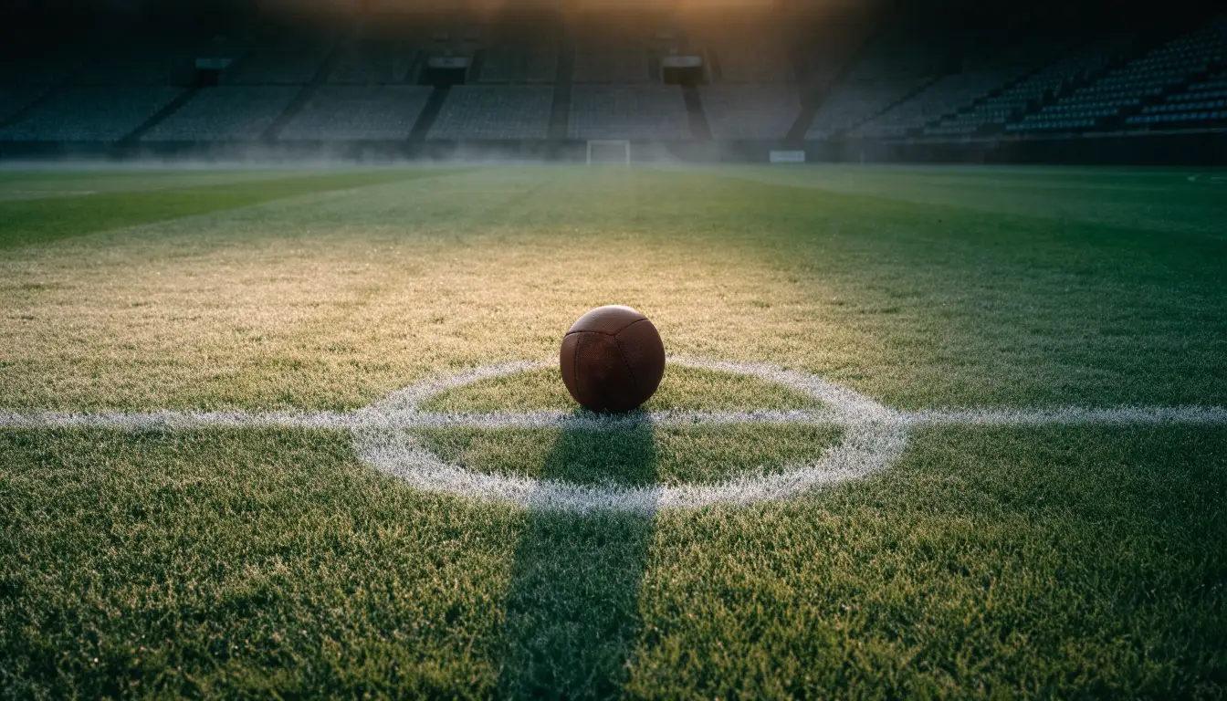 Ein Fußball liegt auf dem Anstoßpunkt eines leeren Rasenplatzes in der Morgendämmerung, im Hintergrund eine leere Tribüne.