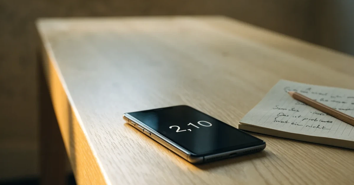 Mehrere Smartphones liegen mit dem Display nach unten neben einem Notizblock und einem Bleistift auf einem hellen Holztisch, seitliches Morgenlicht.