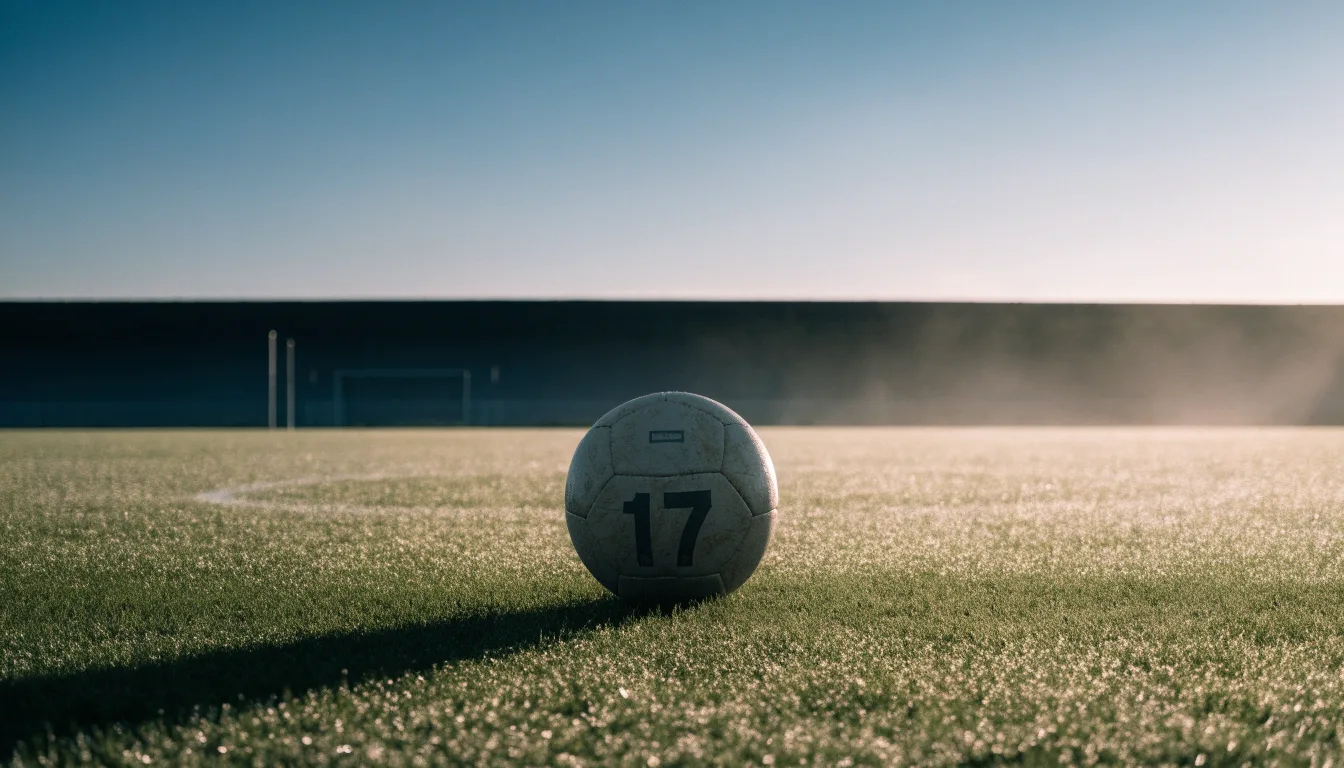 Ein Fußball ruht auf dem Mittelkreis eines leeren Rasenplatzes in der Morgendämmerung, Tau liegt auf dem Gras.