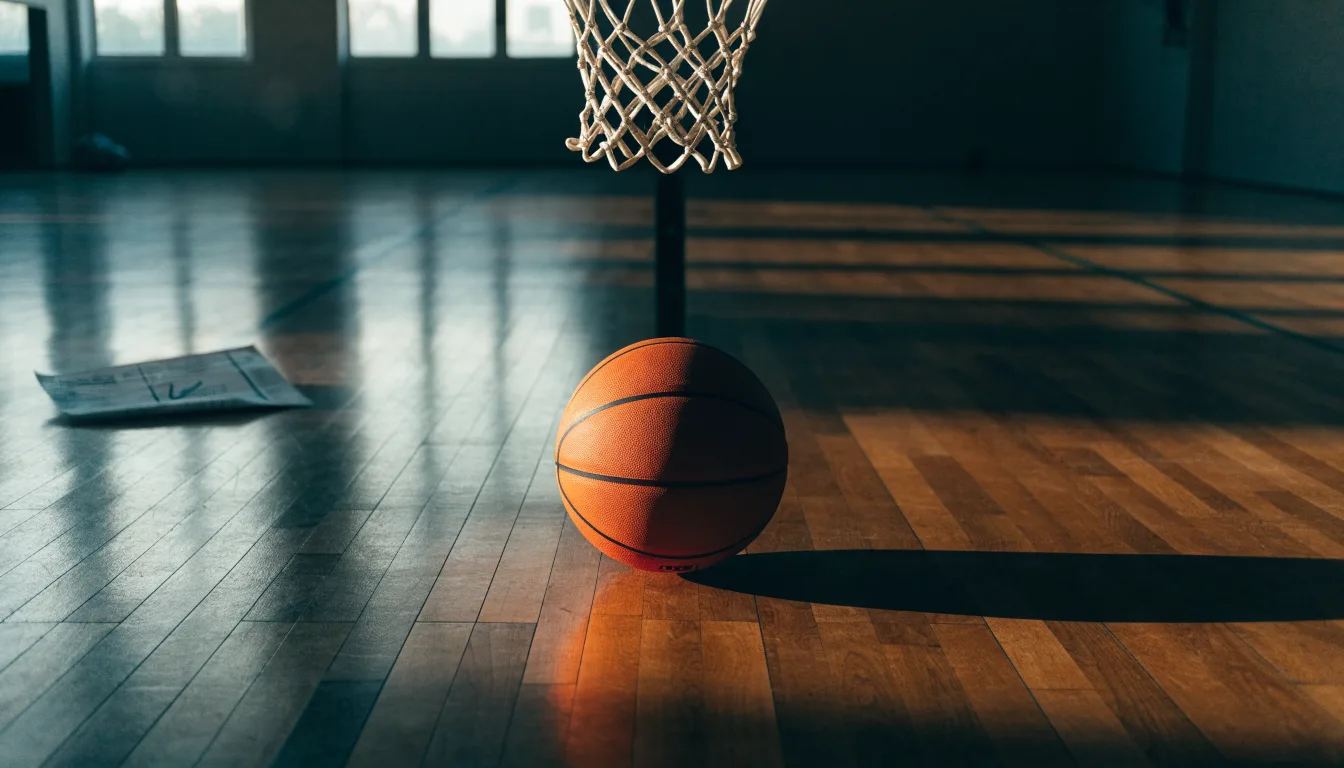 Ein Basketball liegt auf dem Hallenboden unter einem Korb, das Netz hängt ruhig, Morgenlicht fällt durch hohe Fenster.