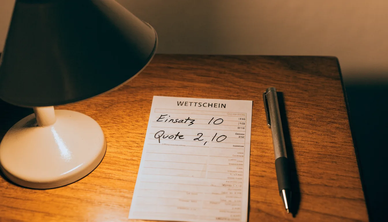 Ein leerer Wettschein aus Papier und ein Kugelschreiber liegen auf einer Tischplatte neben einer kleinen Tischlampe.