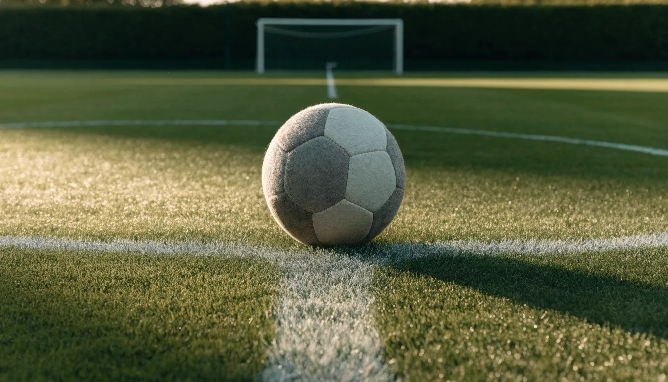 Ein Fußball liegt auf dem Anstoßkreis eines leeren Rasenplatzes im Licht der Morgensonne.