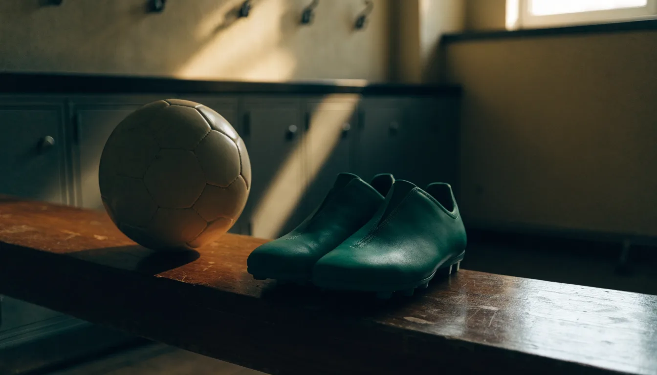 Ein Fußball liegt neben einem Paar Fußballschuhen ohne Markenzeichen auf einer Holzbank in einer leeren Umkleide.