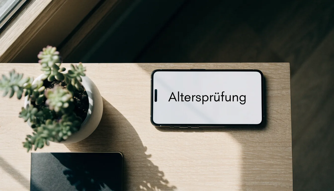 Eine Messingwaage steht auf einem hellen Schreibtisch neben einer Pflanze, Tageslicht fällt durch ein Fenster.