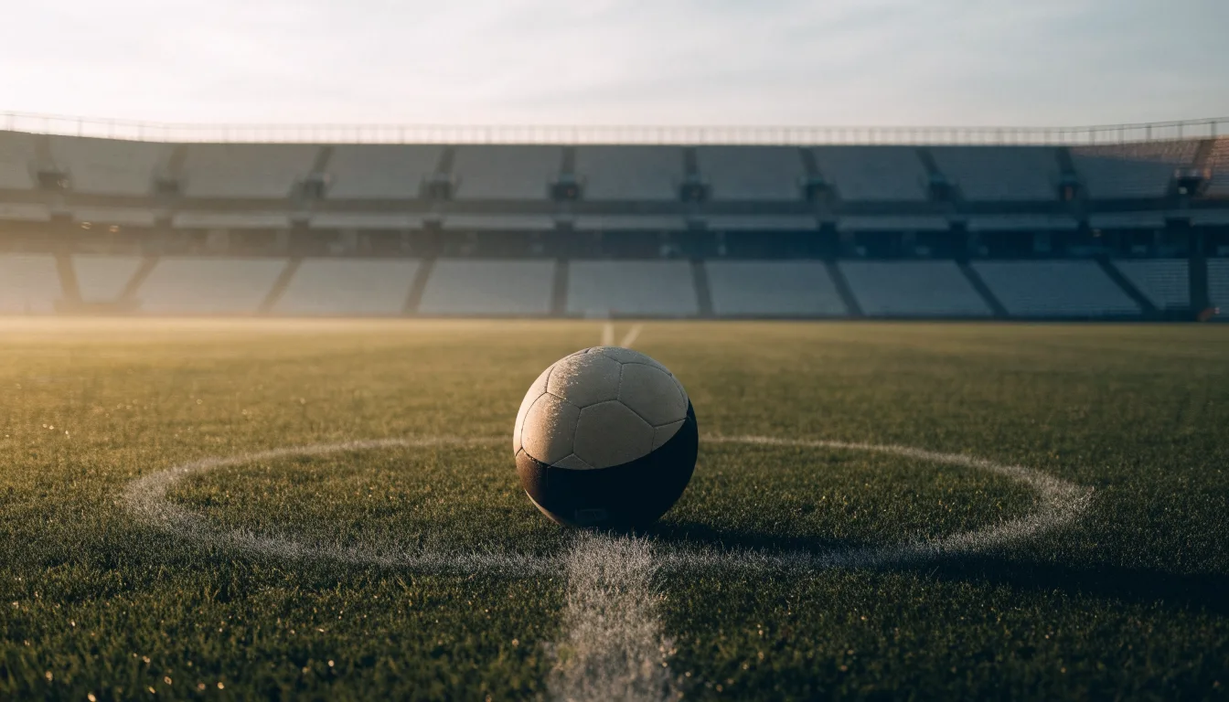 Ein Fußball liegt auf dem Anstoßpunkt eines leeren Rasenplatzes in der Morgendämmerung, im Hintergrund eine leere Tribüne.
