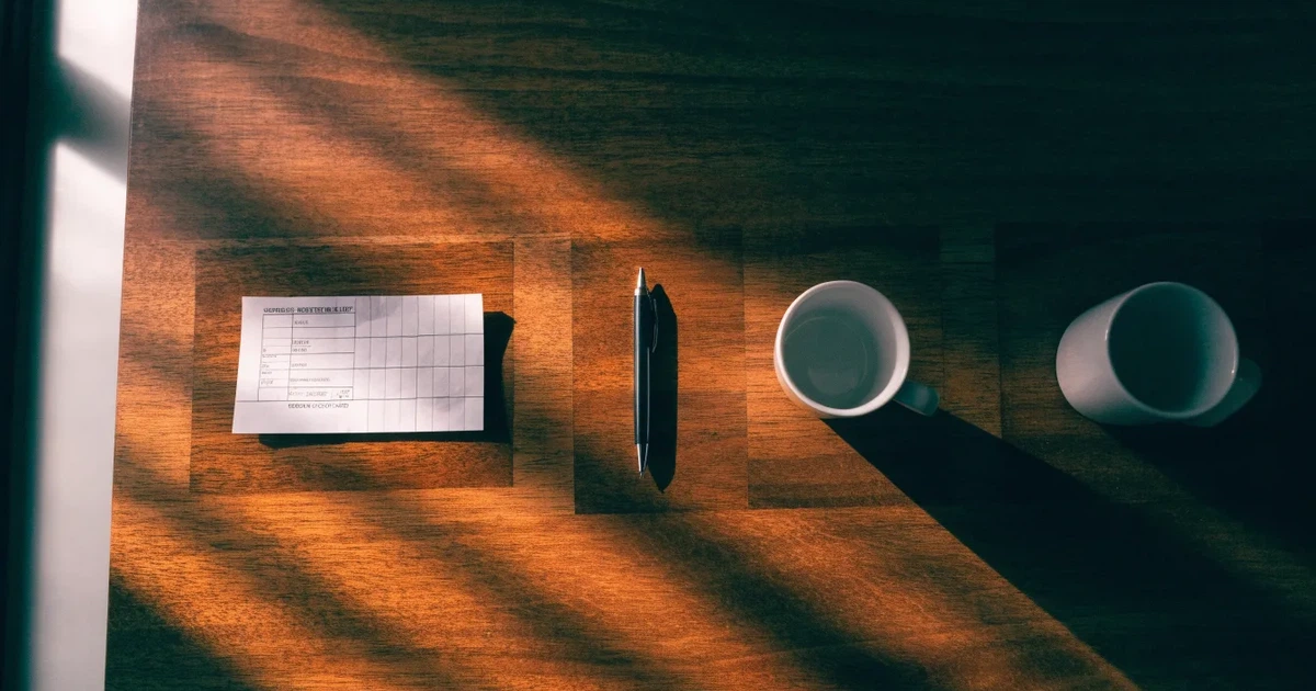 Ein leerer Wettschein aus Papier liegt neben einem Kugelschreiber und einer Tasse Kaffee auf einem Tisch, Aufnahme von oben.