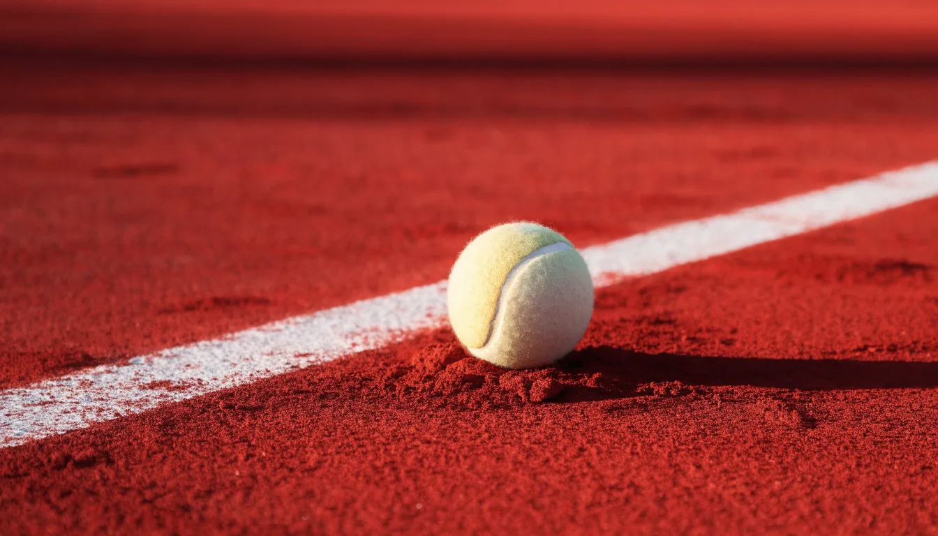 Ein einzelner Tennisball liegt auf rotem Sand neben einer weißen Linie, geringe Schärfentiefe.