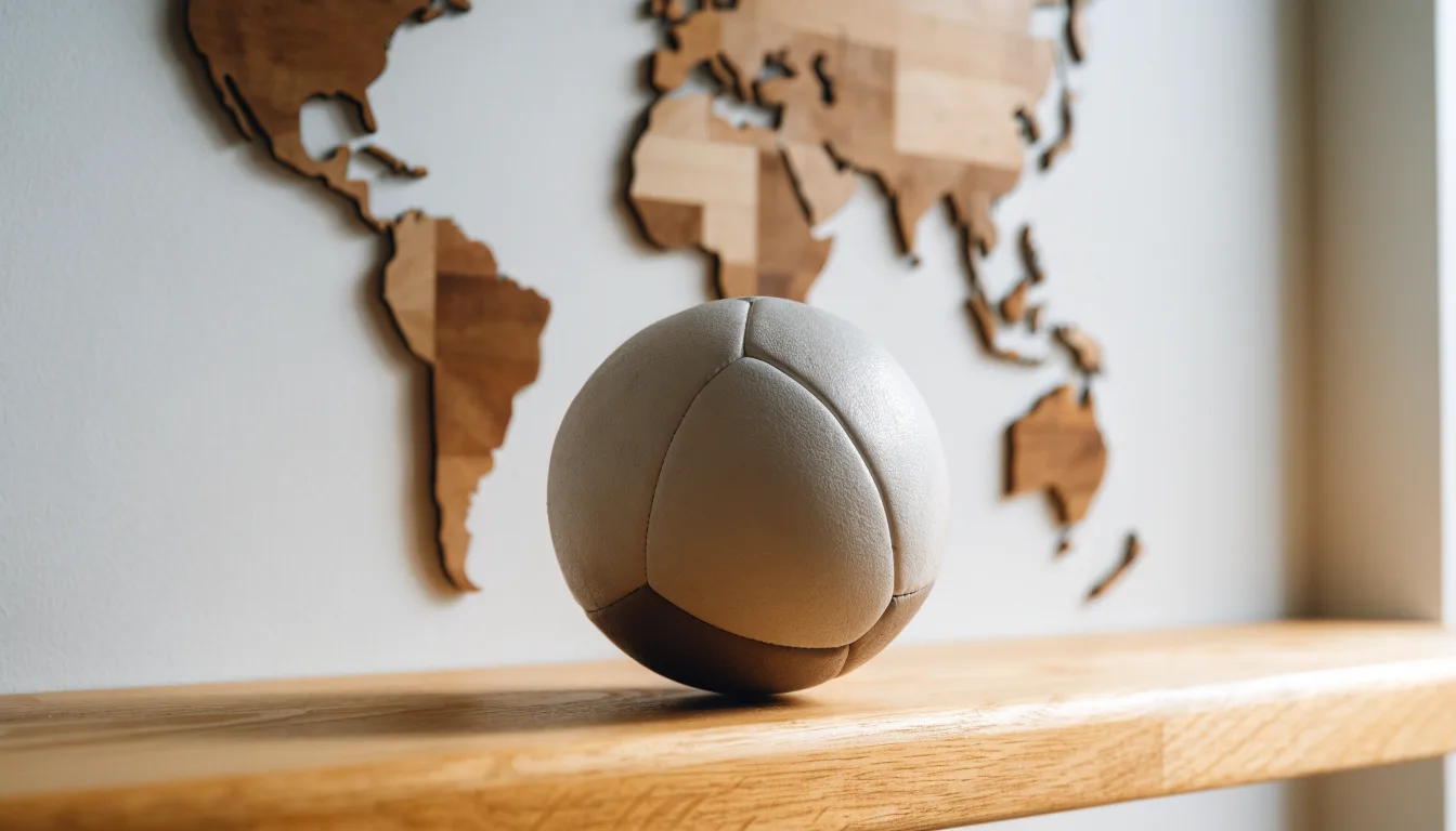Eine Weltkarte aus Holz hängt an einer Wand, davor liegt ein Fußball auf einem Regal, ohne erkennbare Beschriftung.
