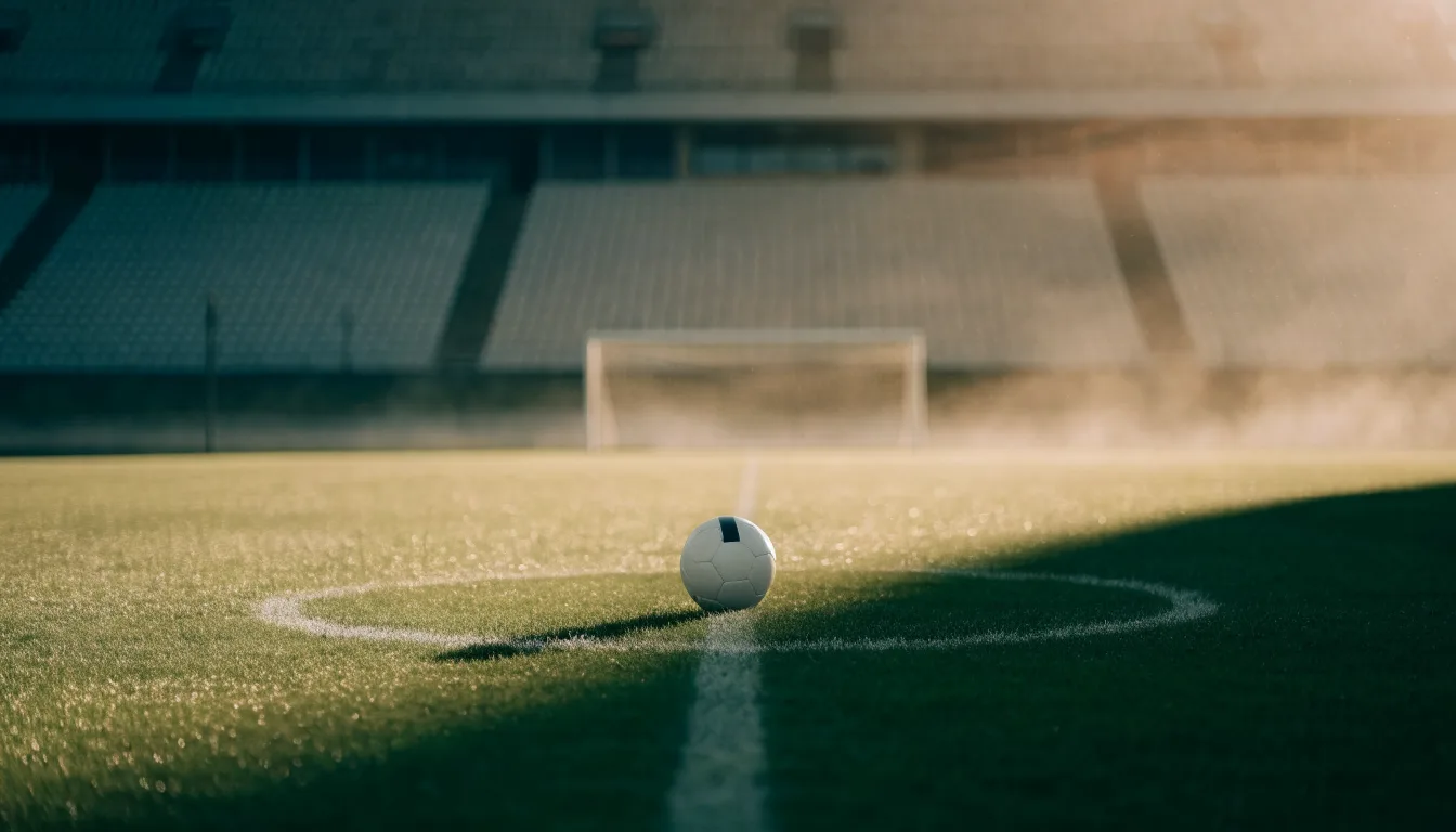 Ein Fußball liegt auf dem Anstoßpunkt eines leeren Rasenplatzes im frühen Morgenlicht, dahinter eine leere Tribüne.