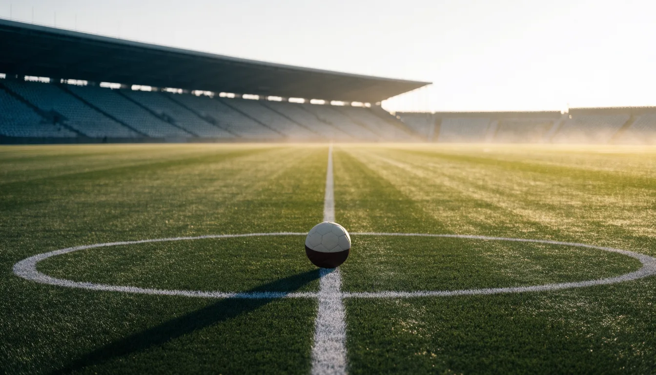 Ein Fußball liegt auf dem Anstoßpunkt eines leeren Rasenplatzes im frühen Morgenlicht, dahinter eine leere Tribüne.