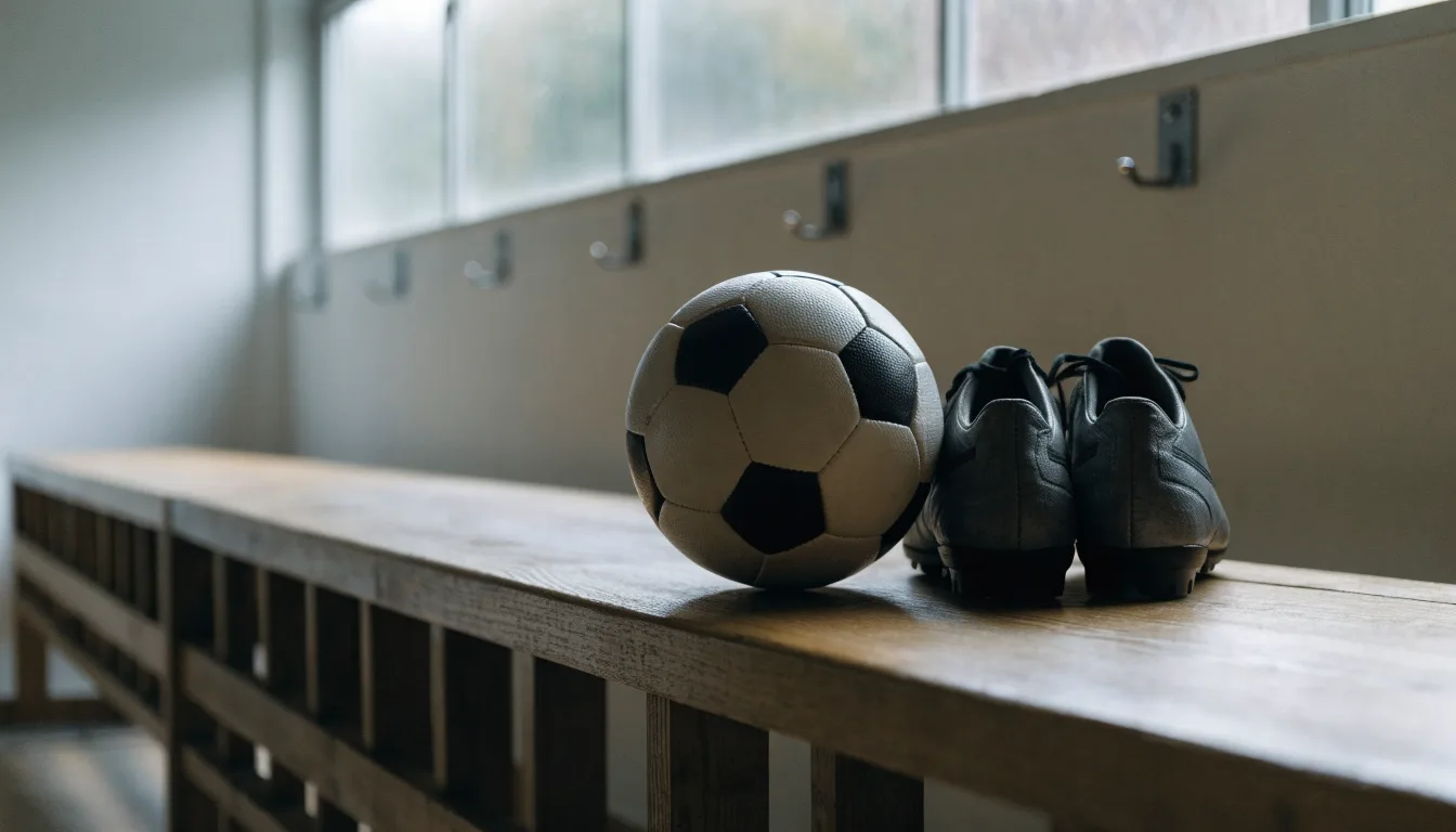 Ein Fußball liegt auf einer Holzbank in einer leeren Umkleide neben einem Paar Fußballschuhen ohne Markenzeichen.