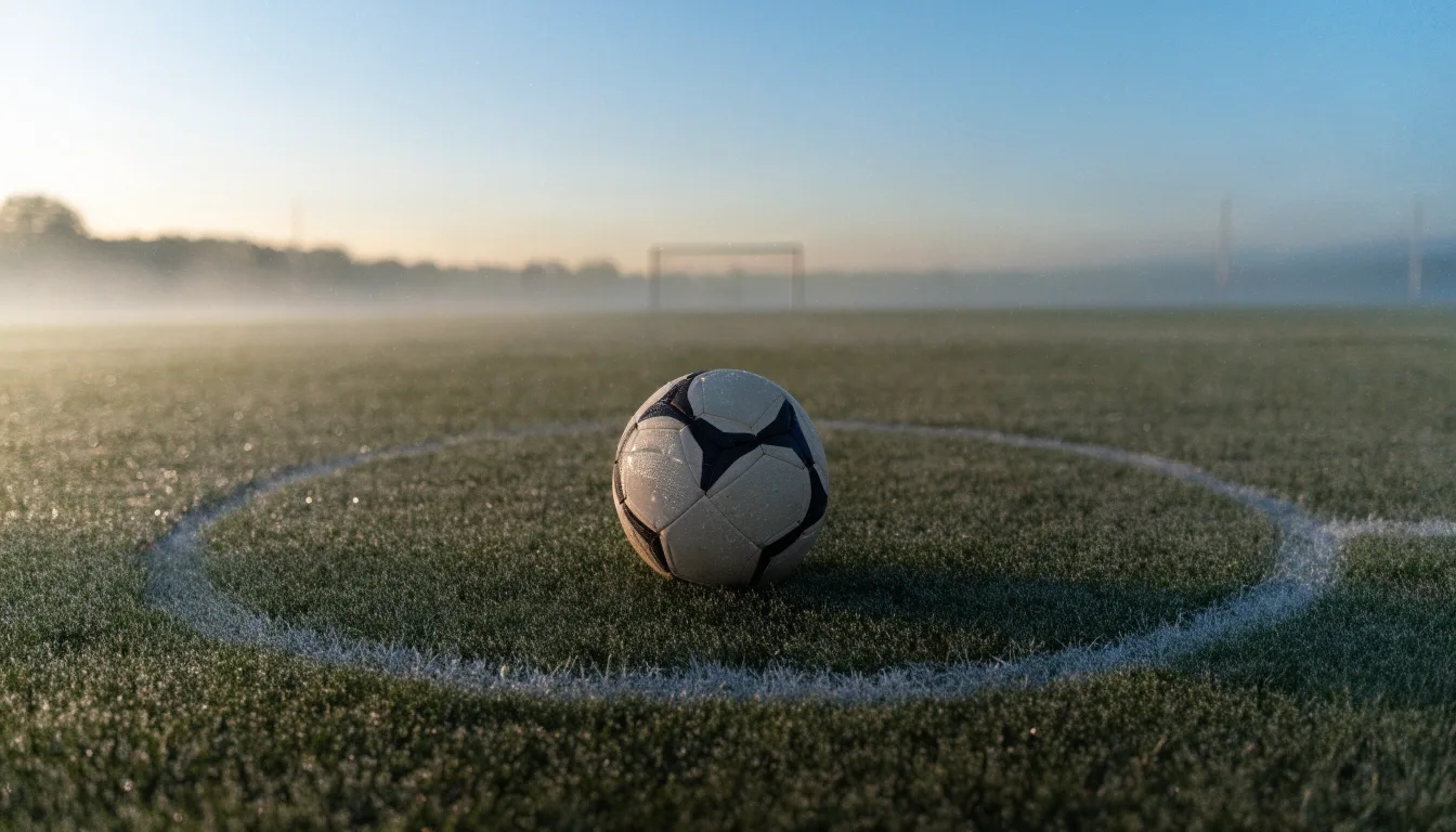 Ein Fußball ruht auf dem Mittelkreis eines leeren Rasenplatzes in der Morgendämmerung, Tau liegt auf dem Gras.