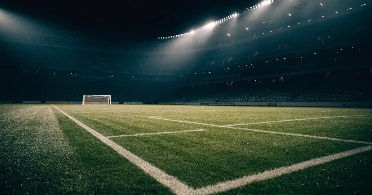 Ein Stadion bei Nacht unter Flutlicht aus der Ferne gesehen, der Rasen ist hell erleuchtet, keine erkennbaren Personen.