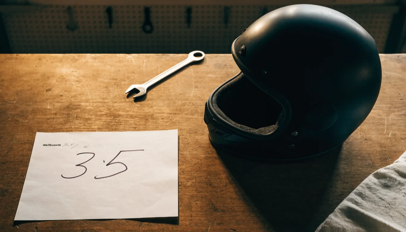 Ein schwarzer Motorradhelm ohne Aufdruck liegt auf einer Werkbank neben einem Schraubenschlüssel, warmes Licht einer Werkstatt.