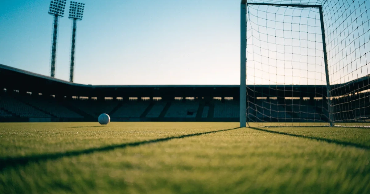 Ein Fußballplatz mit frisch gemähtem Rasen im Abendlicht, ein Ball liegt im Strafraum, im Hintergrund unscharf eine leere Tribüne.