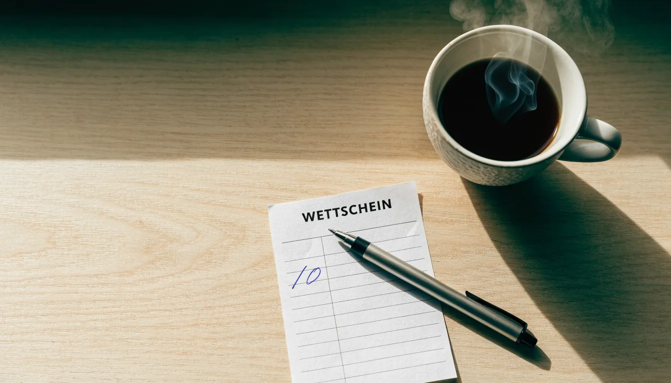Ein leerer Wettschein aus Papier liegt neben einem Kugelschreiber und einer Tasse Kaffee auf einem Holztisch, Aufnahme von oben.