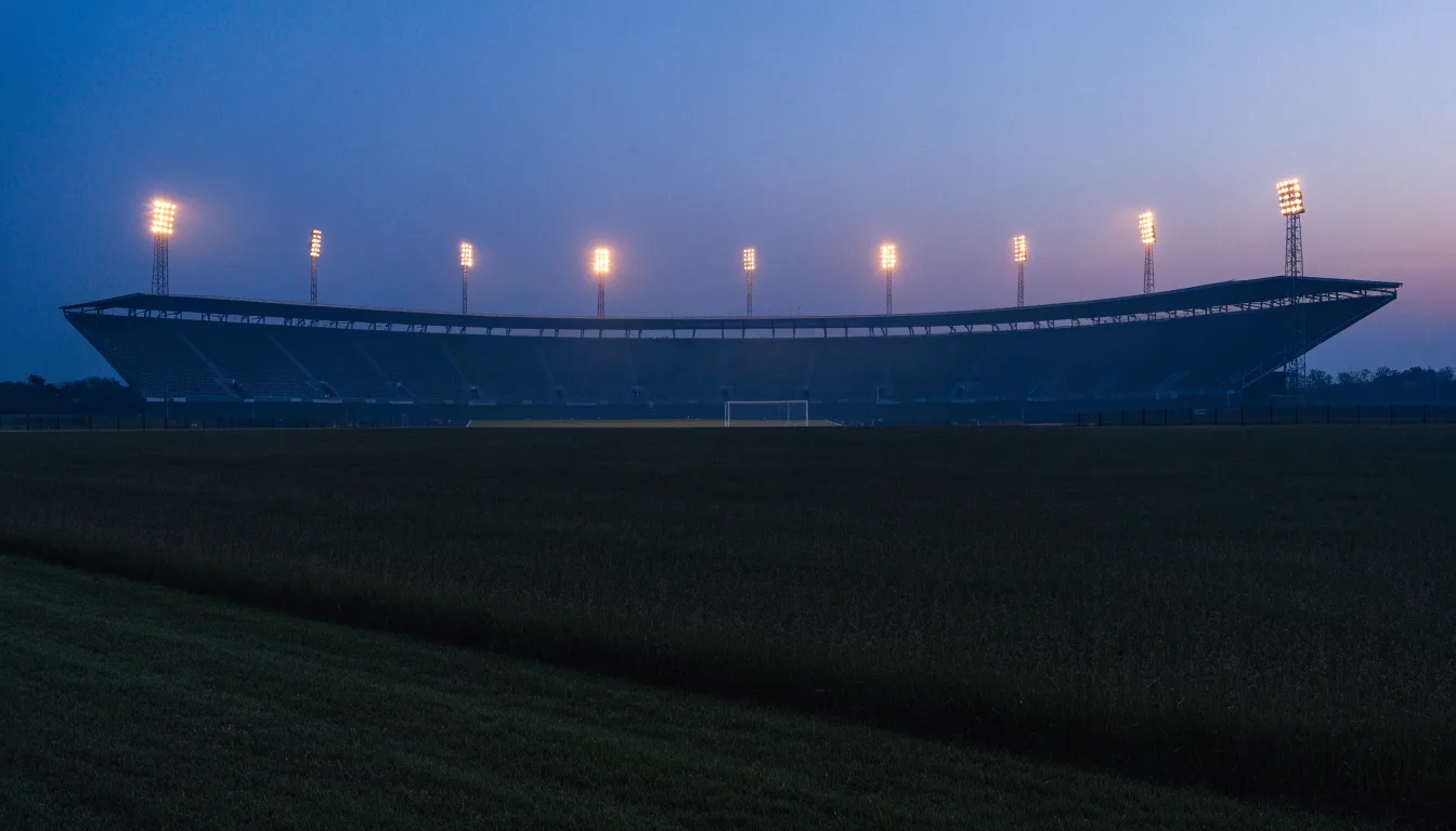 Ein großes Stadion unter Flutlicht, aus der Ferne über eine dunkle Wiese gesehen, die Lichtmasten spiegeln sich im Dunst der Abenddämmerung.