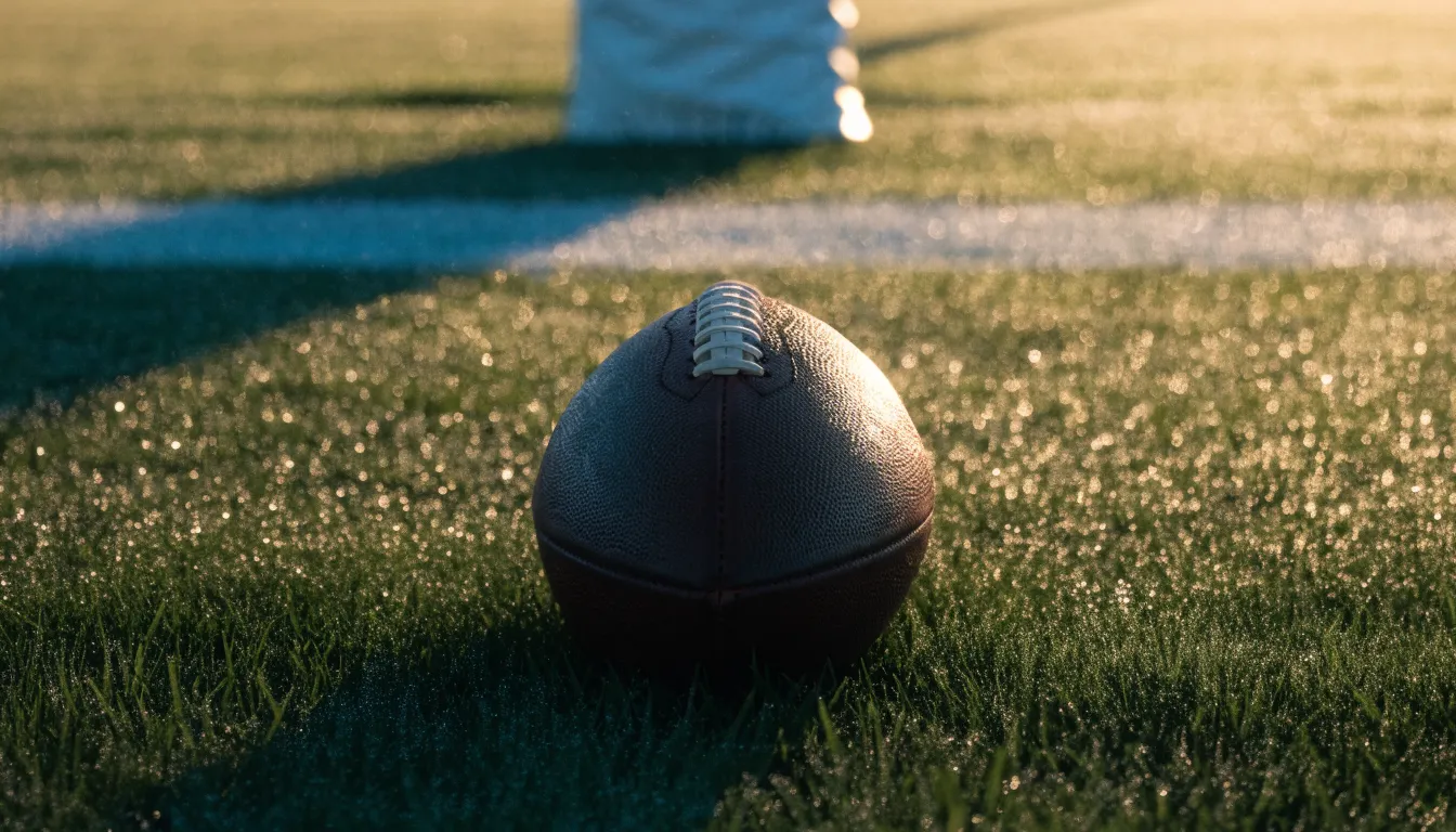 Ein ovaler Lederball mit heller Schnürung liegt auf dem Rasen vor der Endzone, Tau auf dem Gras im ersten Morgenlicht.